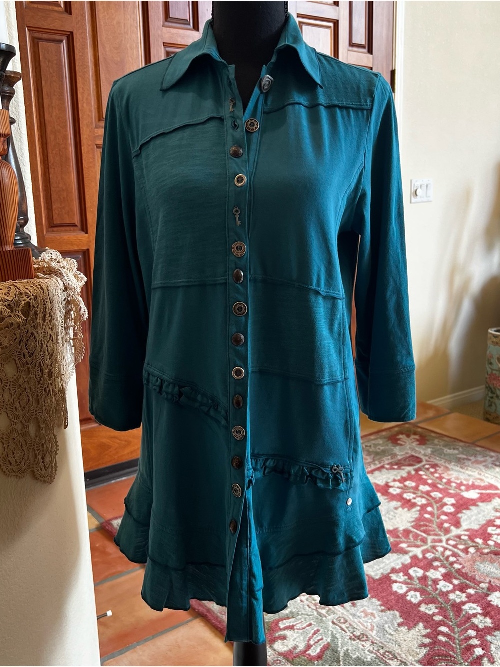Neon Buddha Shirt Womens Medium Ruffle Hem Artsy Tunic Button Front Key Charms